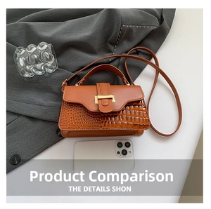 Detail of brown square bag with crocodile pattern texture and gold hardware buckle