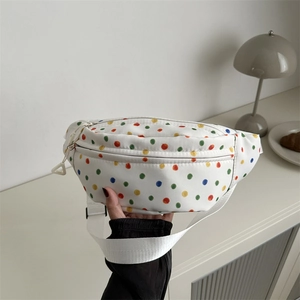 Women White Canvas Chest Bag Colorful Polka Dot Print Waist Pack Adjustable Strap Double Zipper Fashion Casual Daily