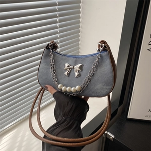 Sac Sous le Bras en Denim pour Femme Nœud en Métal Chaîne de Künstliche Perles Décoration Sac à Main Rétro Style Y2K Petit Sac Carré
