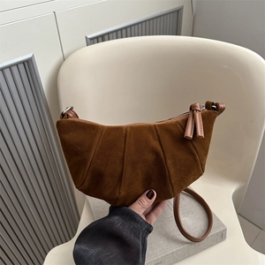 Vintage dark brown suede croissant bag with pleated details and long shoulder strap