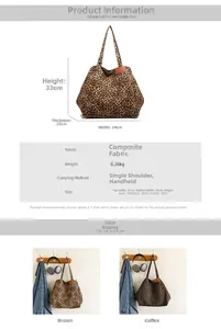 Detailed dimension chart showing large leopard print tote bag with 34cm width and 33cm height