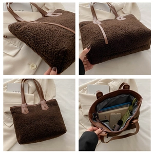 Detail view of large brown plush tote bag showing spacious interior for tablet and umbrella