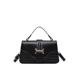 Fashionable black square handbag with crocodile texture and gold metal buckle detail