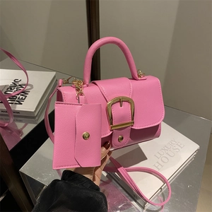 Pink candy color leather handbag set with small card pouch and golden metal buckle