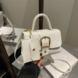 Minimalist white square bag set with gold buckle and matching small card pouch