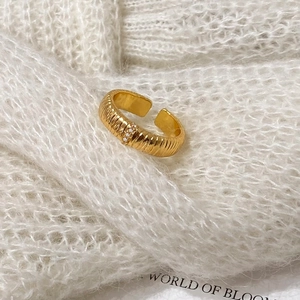 French vintage gold plated wide open ring with brushed texture and three sparkling zircons