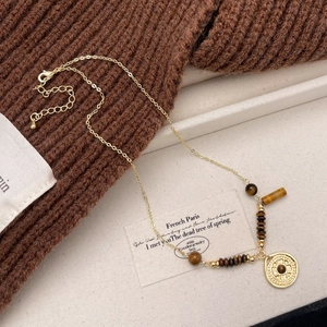 Vintage Tiger Eye Stone Pendant Necklace 14K Gold Plated Copper Round Coin Choker Bohemian Jewelry For Women