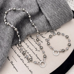 French Vintage Grey Artificial Pearl Necklace And Bracelet Jewelry With Pave Zircon Round Buckle Palladium Plated Elegant For Women