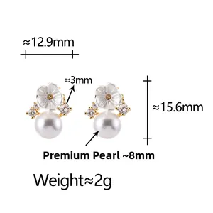 Detailed dimensions of pearl flower stud earrings with crystal petal accents