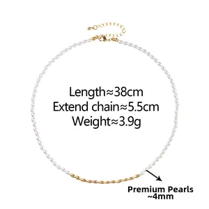 Vue détaillée du collier de perles de 38 cm avec dimensions et chaîne d'extension dorée