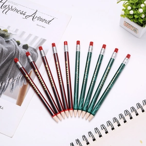 Flat lay of 2.0mm 2B mechanical pencils in red stripes and green bamboo patterns on a desk