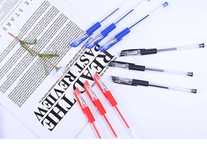 Detailed view of nine assorted 0.5mm gel pens in red, blue, and black ink colors