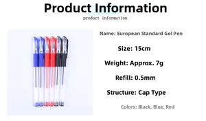 Detailed specs of 0.5mm gel pens in black, blue, and red with capped design and dimensions