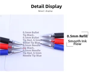 Detail showing 0.5mm needle and bullet tip gel pens writing smoothly in red black and blue
