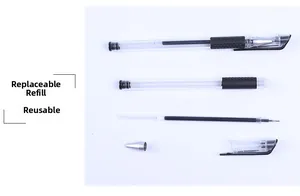 Disassembled black gel pen showing replaceable ink refill and transparent barrel components