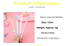 Detail of four colorful cartoon cat gel pens featuring cute paw prints and cap designs