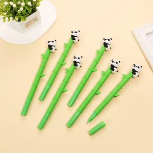 Detail view of six cute panda and green bamboo shaped gel pens with soft 3D panda charms