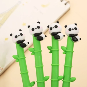 Set of four creative panda bamboo gel pens with cute 3D toppers for school writing