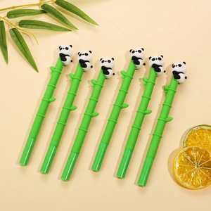 Detailed view of 6-piece green bamboo-shaped pens featuring 3D panda character caps