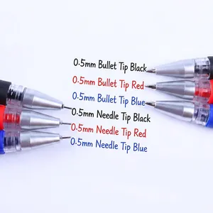 0.5mm gel pens with bullet and needle tips in black, red, and blue ink colors