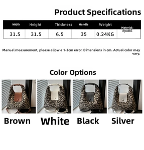 Detailed size chart and four-color leopard print tote bag options in a grid layout