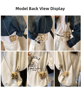 Detail of creative butterfly shaped mini bag with metallic gold finish and slim chain