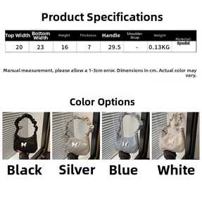 Detailed comparison of pleated cloud bags in black, silver, blue and white colors