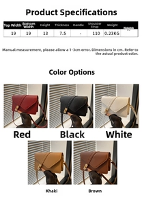 Detailed size chart and five color variants of the geometric PU leather crossbody bag