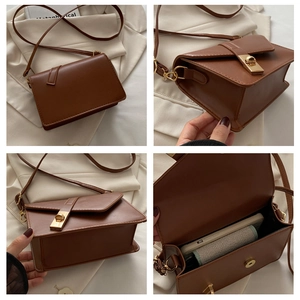 Detail view showing a brown PU leather crossbody bag with a gold buckle and adjustable strap
