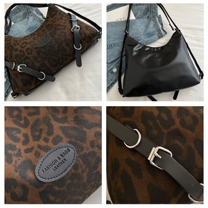 Makro-Detail von Leopard-Print-Tasche, Leder-Logo-Tag und robusten Metallschnallen