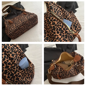 Detailed views of leopard print tote bag with multiple pockets and spacious interior