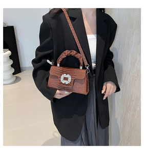 Detail of reddish-brown crocodile pattern bag with luxury rhinestone buckle and pleated handle