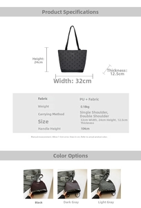 Detailed dimension chart for polka dot tote bag with PU and fabric material specs
