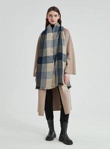 Detail of blue and beige plaid scarf with tassels paired with a long tan winter coat