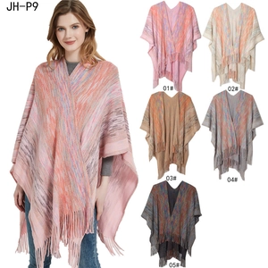 Gradient rainbow knit shawl with tassels for women, colorful fringe poncho wrap