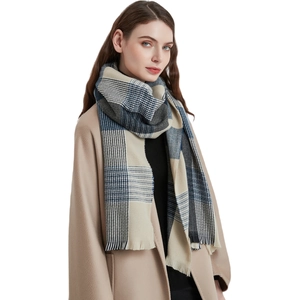 Soft thick blue plaid scarf for women with classic fringe detail for winter warmth