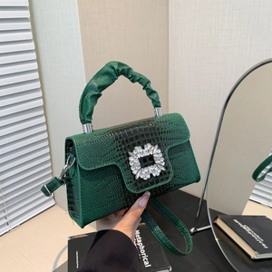 Dark green faux crocodile leather handbag with pleated handle and luxury rhinestone buckle