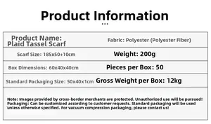 Specifications of the plaid tassel scarf showing size 185x50cm and 200g weight details