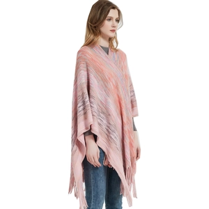 Colorful gradient knit shawl with fringes for women, loose fit striped poncho style