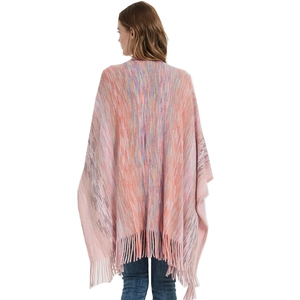 Colorful gradient striped knit shawl with long fringe tassels for women, back view