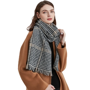 British style black and white houndstooth scarf with brown stripes and soft fringe details
