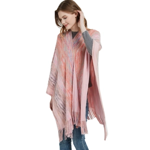 Colorful gradient knit shawl with fringed hem and soft texture for women's winter fashion