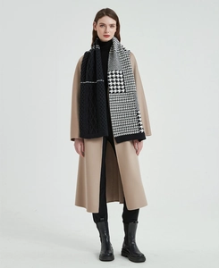 Close-up of asymmetric thick knit scarf with cable-knit and houndstooth texture detail
