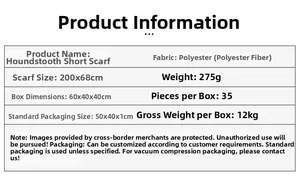 Specifications of houndstooth scarf made of polyester, size 200x68cm and weight 275g