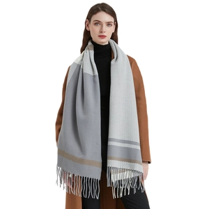 Plaid tassel scarf for women in grey white and brown stripes made of soft cashmere-feel fabric