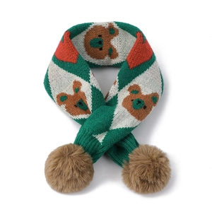Écharpe En Tricot Pour Enfants Ours Lapin Dessin Animé Hiver Chaud Tour De Cou Avec Pompons En Fausse Fourrure Acrylique
