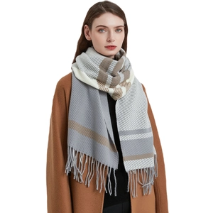 Plaid tassel scarf for women in grey and beige tones, long winter shawl style