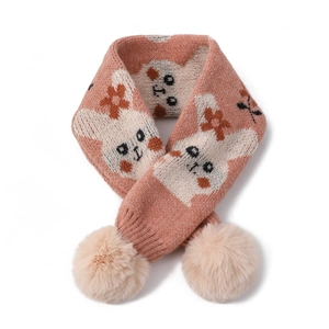 Écharpe en tricot rose pour enfant avec pompons et joli motif de visage de lapin