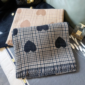 Winter heart pattern check knit scarf with fringes in camel and grey-black colors