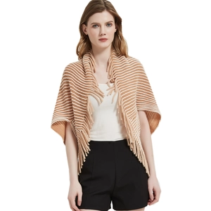 Women's knit stripe shawl with fringe tassels and open front cardigan style layering